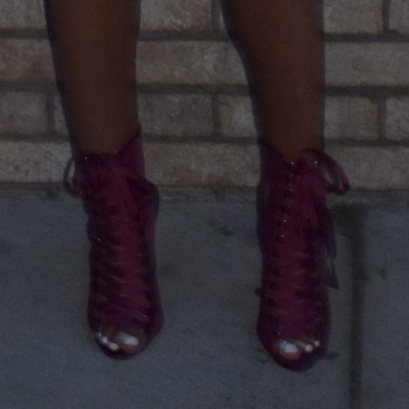 Vita- Corset Lace Up Peep Toe Bootie Wine - Picture 3 of 3